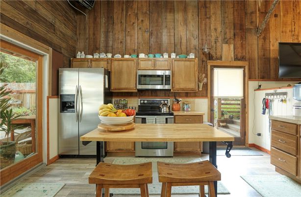 Interior, Kitchen, Stainless Steel Appliances, Wood Texture Flooring, Wooden Walls