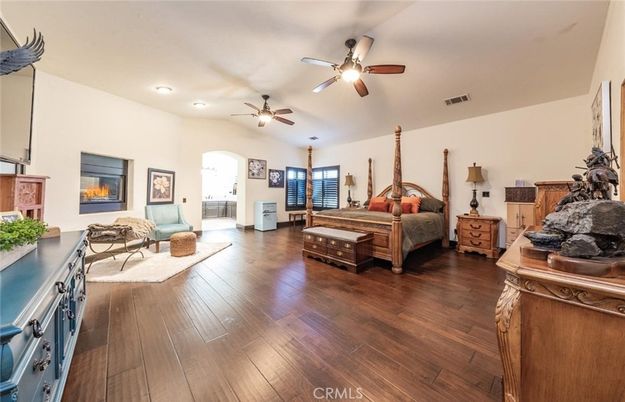 Bedroom, Fireplace, Interior, Recessed Lighting, Wood Texture Flooring