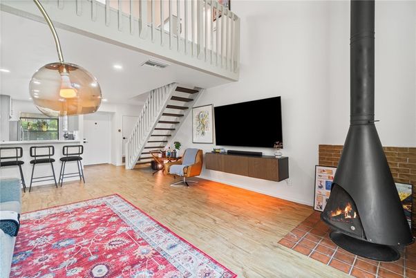 Fireplace, Interior, Recessed Lighting, Wood Texture Flooring
