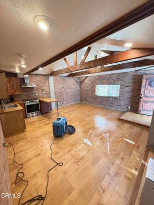 Interior, Kitchen, Recessed Lighting, Stone Walls, Wood Texture Flooring