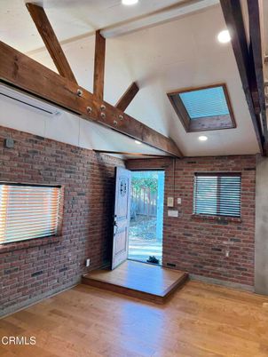 Empty room, Interior, Recessed Lighting, Stone Walls, Wooden Beams, Wood Texture Flooring
