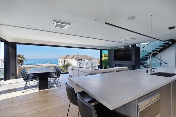 Dining room, Interior, Kitchen, Pendant Lights, Recessed Lighting, Water, Wood Texture Flooring