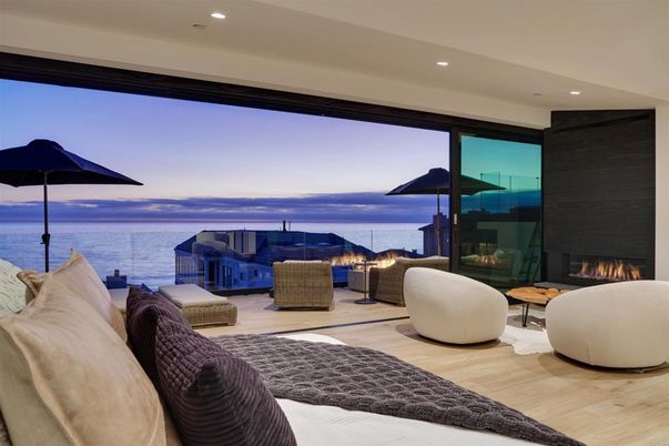Bedroom, Fireplace, Interior, Living room, Recessed Lighting, Water, Wood Texture Flooring