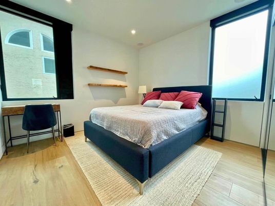 Bedroom, Interior, Recessed Lighting, Wood Texture Flooring