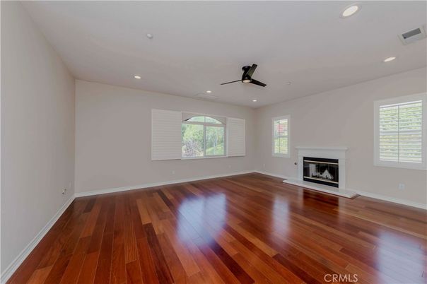 Empty room, Fireplace, Interior, Recessed Lighting, Wood Texture Flooring