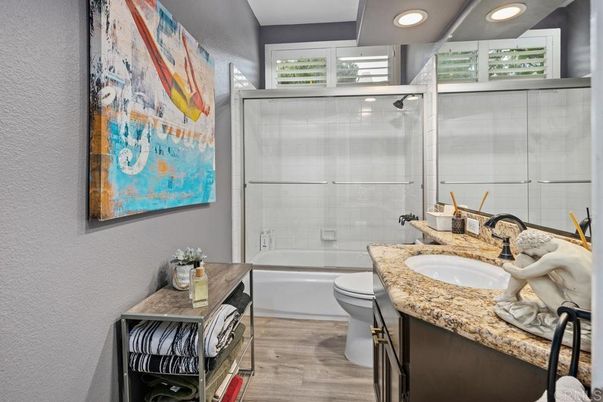 Bathroom, Glass Shower, Interior, Recessed Lighting, Wood Texture Flooring