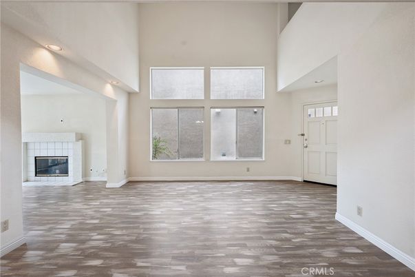 Empty room, Fireplace, Interior, Recessed Lighting, Wood Texture Flooring