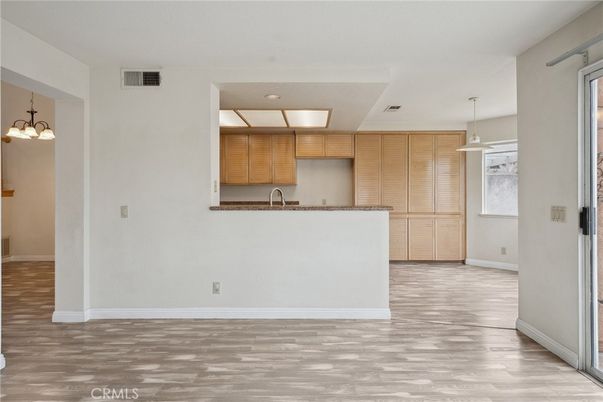 Empty room, Interior, Kitchen, Pendant Lights, Recessed Lighting, Wood Texture Flooring