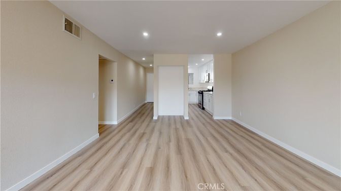Empty room, Interior, Kitchen, Recessed Lighting, Wood Texture Flooring