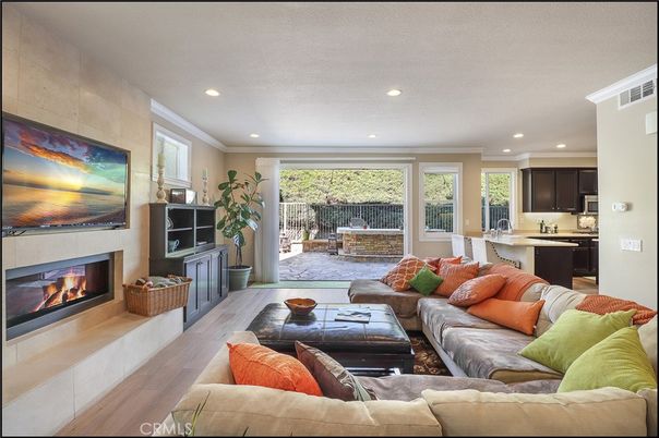 Fireplace, Interior, Kitchen, Living room, Recessed Lighting, Wood Texture Flooring