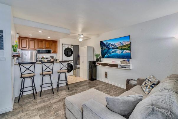Interior, Kitchen, Living room, Recessed Lighting, Stainless Steel Appliances, Wood Texture Flooring