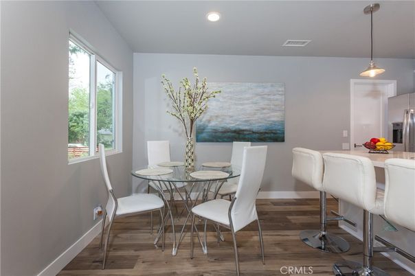 Dining room, Interior, Pendant Lights, Recessed Lighting, Wood Texture Flooring
