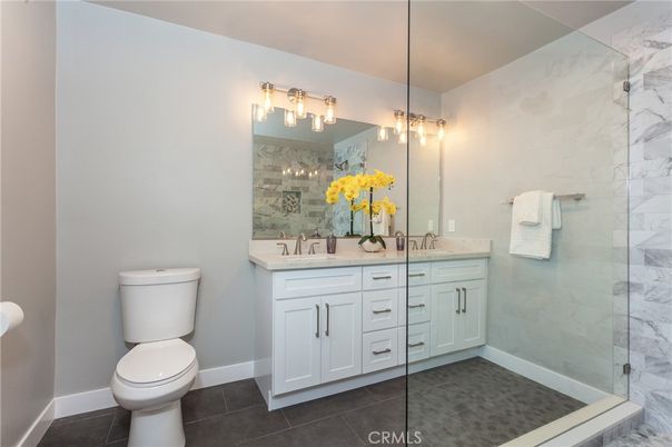Bathroom, Dual Sink Vanities, Glass Shower, Interior, Marble Walls