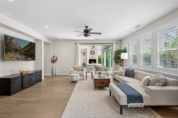 Fireplace, Interior, Living room, Recessed Lighting, Wood Texture Flooring