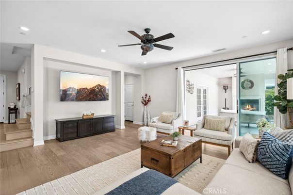 Fireplace, Interior, Living room, Recessed Lighting, Wood Texture Flooring