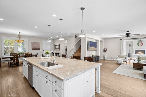Dining room, Fireplace, Interior, Kitchen, Living room, Pendant Lights, Recessed Lighting, Wood Texture Flooring