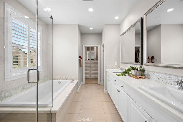 Bathroom, Dual Sink Vanities, Glass Shower, Interior, Recessed Lighting