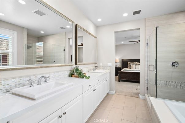 Bathroom, Bedroom, Dual Sink Vanities, Glass Shower, Interior, Recessed Lighting