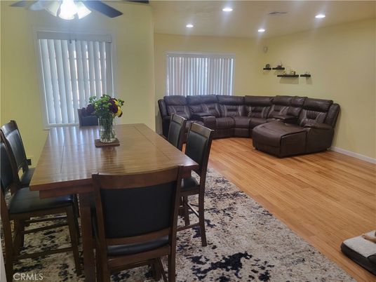 Dining room, Interior, Living room, Recessed Lighting, Wood Texture Flooring