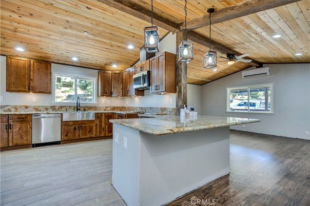 Interior, Kitchen, Pendant Lights, Recessed Lighting, Stainless Steel Appliances, Wooden Beams, Wooden Ceilings, Wood Texture Flooring