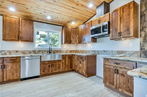 Interior, Kitchen, Recessed Lighting, Stainless Steel Appliances, Wooden Ceilings, Wood Texture Flooring