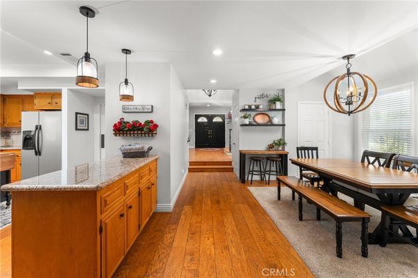 Dining room, Interior, Kitchen, Pendant Lights, Recessed Lighting, Wood Texture Flooring