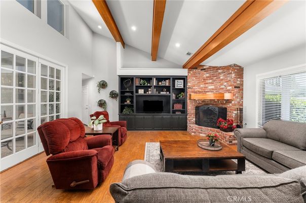 Fireplace, Interior, Living room, Recessed Lighting, Stone Walls, Wooden Beams, Wood Texture Flooring