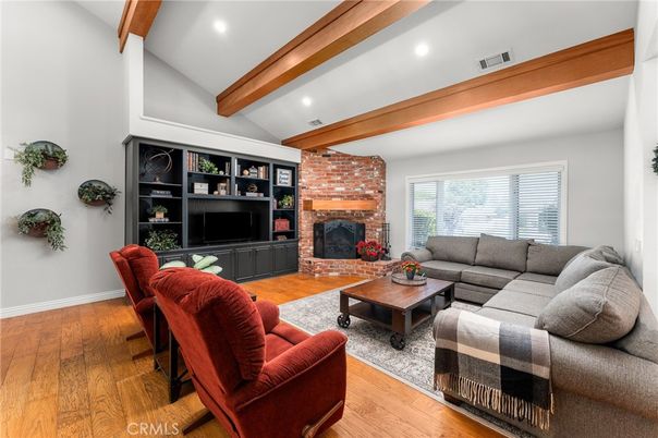 Fireplace, Interior, Living room, Recessed Lighting, Stone Walls, Wooden Beams, Wood Texture Flooring