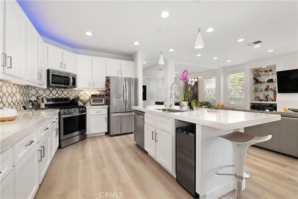 Interior, Kitchen, Pendant Lights, Recessed Lighting, Stainless Steel Appliances, Wood Texture Flooring