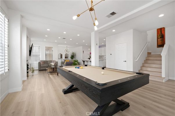 Billiard Table, Game Room, Interior, Pendant Lights, Recessed Lighting, Wood Texture Flooring
