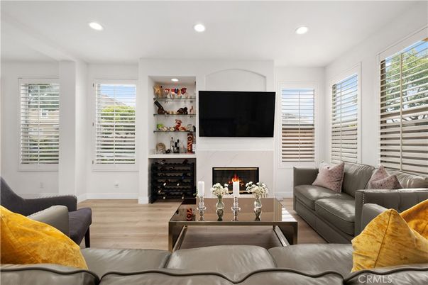 Fireplace, Interior, Living room, Recessed Lighting, Wood Texture Flooring