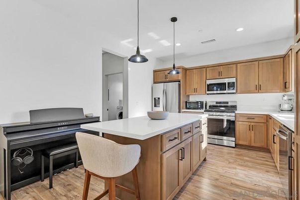 Interior, Kitchen, Pendant Lights, Recessed Lighting, Stainless Steel Appliances, Wood Texture Flooring