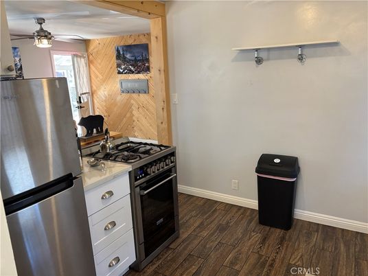 Interior, Kitchen, Stainless Steel Appliances, Wood Texture Flooring, Wooden Walls