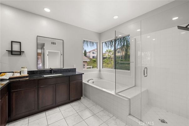Bathroom, Dual Sink Vanities, Glass Shower, Interior, Marble, Recessed Lighting