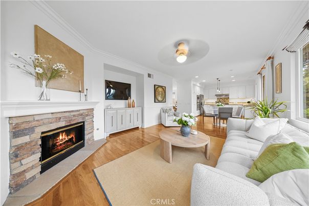 Dining room, Fireplace, Interior, Kitchen, Living room, Pendant Lights, Recessed Lighting, Wood Texture Flooring