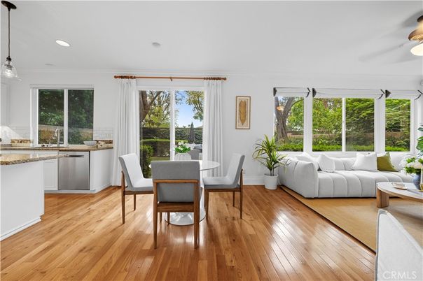 Dining room, Interior, Living room, Pendant Lights, Recessed Lighting, Wood Texture Flooring