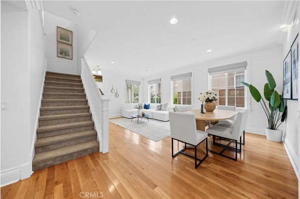 Dining room, Interior, Living room, Recessed Lighting, Wood Texture Flooring