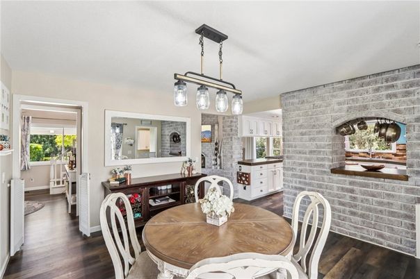 Dining room, Interior, Pendant Lights, Stone Walls, Wood Texture Flooring