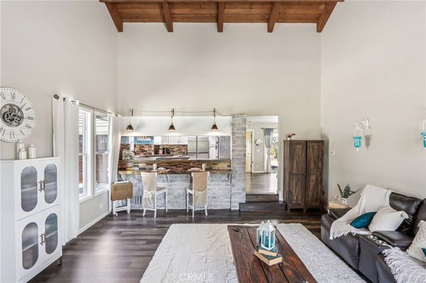 Interior, Kitchen, Living room, Pendant Lights, Stainless Steel Appliances, Wooden Beams, Wooden Ceilings, Wood Texture Flooring