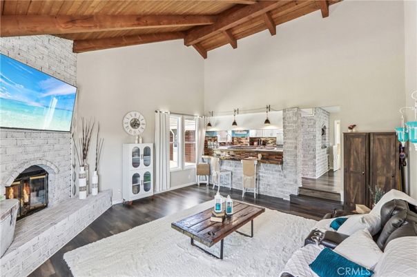 Fireplace, Interior, Kitchen, Living room, Pendant Lights, Stone Walls, Wooden Beams, Wooden Ceilings, Wood Texture Flooring