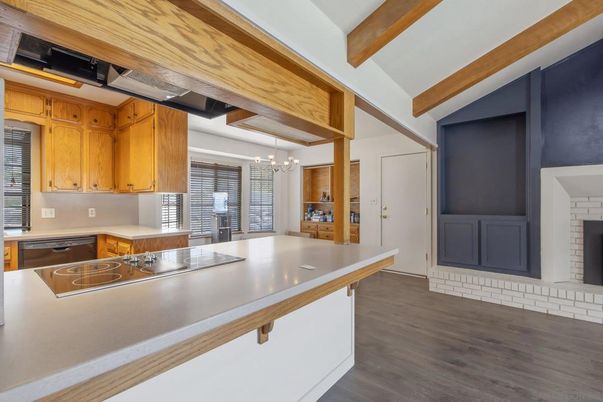 Chandelier, Fireplace, Interior, Kitchen, Pendant Lights, Wooden Beams, Wood Texture Flooring