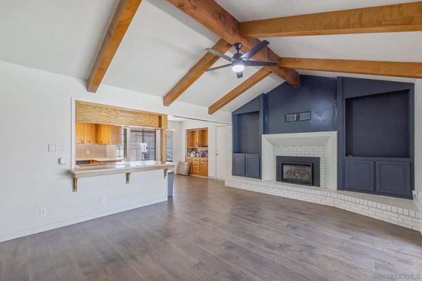 Empty room, Fireplace, Interior, Wooden Beams, Wood Texture Flooring