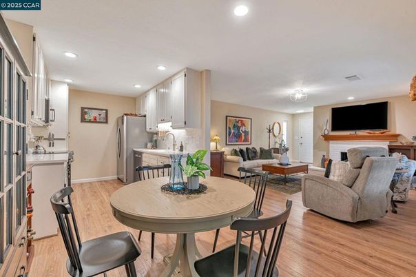 Dining room, Interior, Kitchen, Living room, Recessed Lighting, Wood Texture Flooring