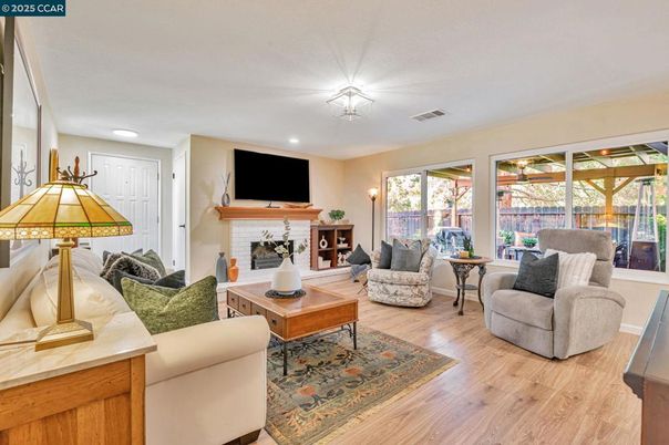 Fireplace, Interior, Living room, Recessed Lighting, Wood Texture Flooring