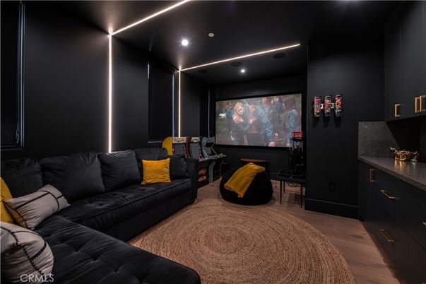 Interior, Projection Screen, Recessed Lighting, Theatre Room, Wood Texture Flooring