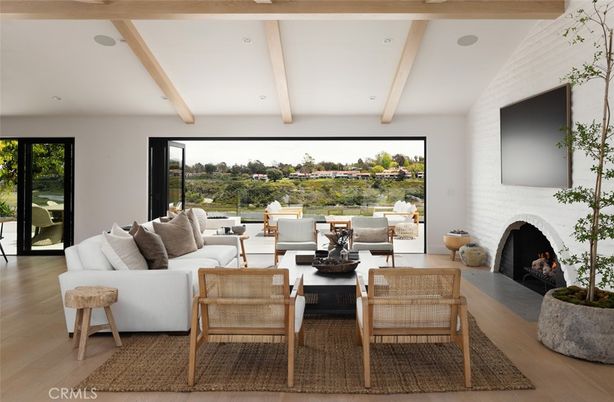 Fireplace, Interior, Living room, Recessed Lighting, Stone Walls, Wooden Beams, Wood Texture Flooring