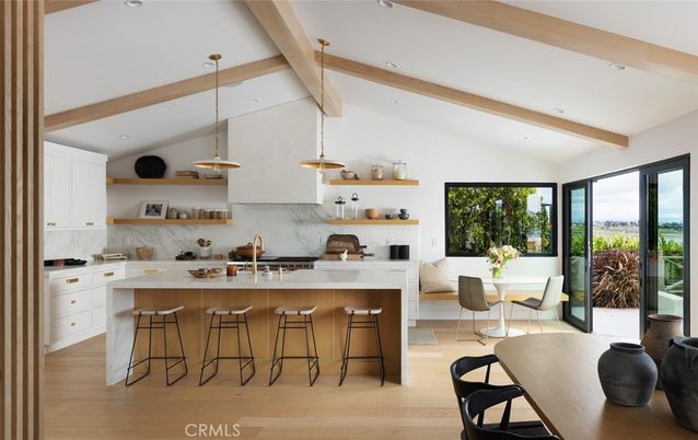 Dining room, Interior, Kitchen, Pendant Lights, Recessed Lighting, Stainless Steel Appliances, Wooden Beams, Wood Texture Flooring