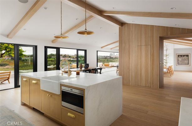 Interior, Kitchen, Pendant Lights, Recessed Lighting, Stainless Steel Appliances, Wooden Beams, Wood Texture Flooring