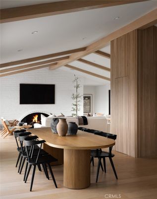 Dining room, Fireplace, Interior, Living room, Recessed Lighting, Wooden Beams, Wood Texture Flooring