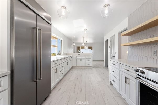 Interior, Kitchen, Pendant Lights, Stainless Steel Appliances, Wood Texture Flooring